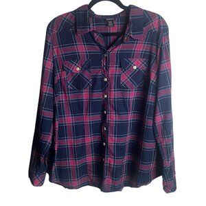 Torrid Size 0 Plaid Button Down Shirt Roll Tab Sleeves Navy Pink Causal Large